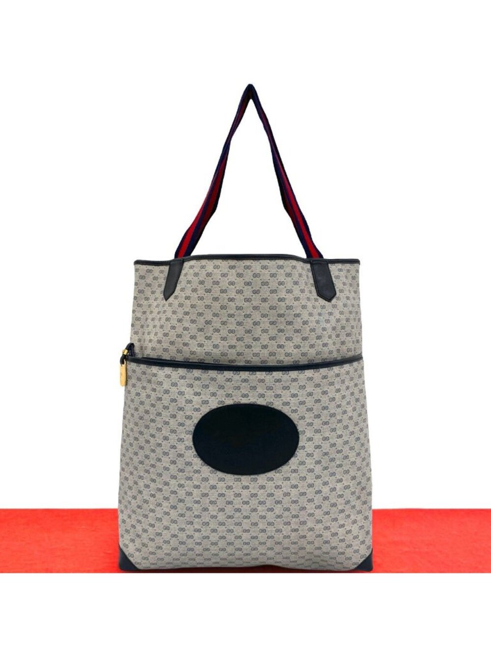 Gucci Vintage Sherry Line Micro GG Pattern Logo Leather Tote Bag Navy